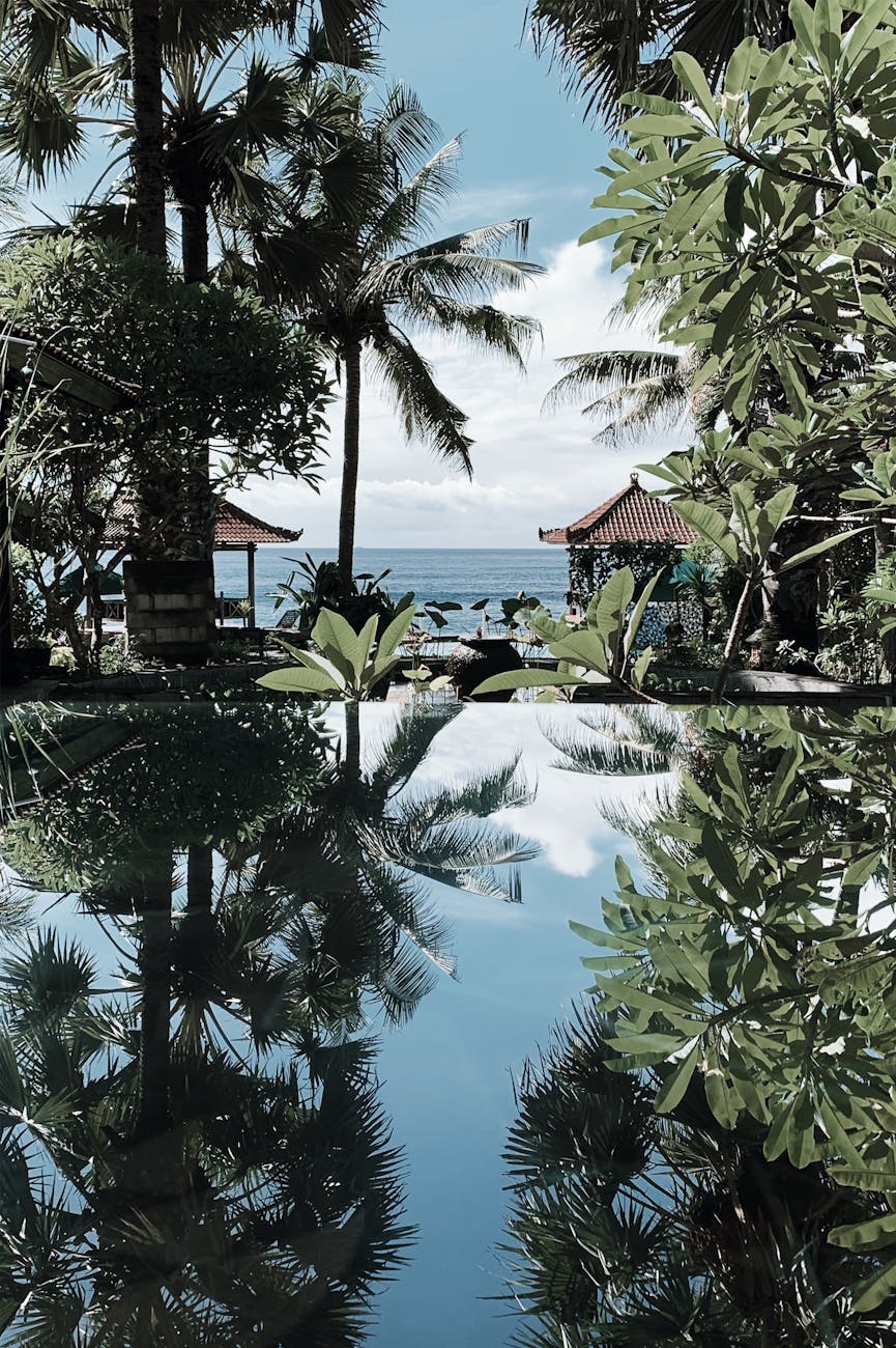 outdoor swimming pool in exotic nature landscape