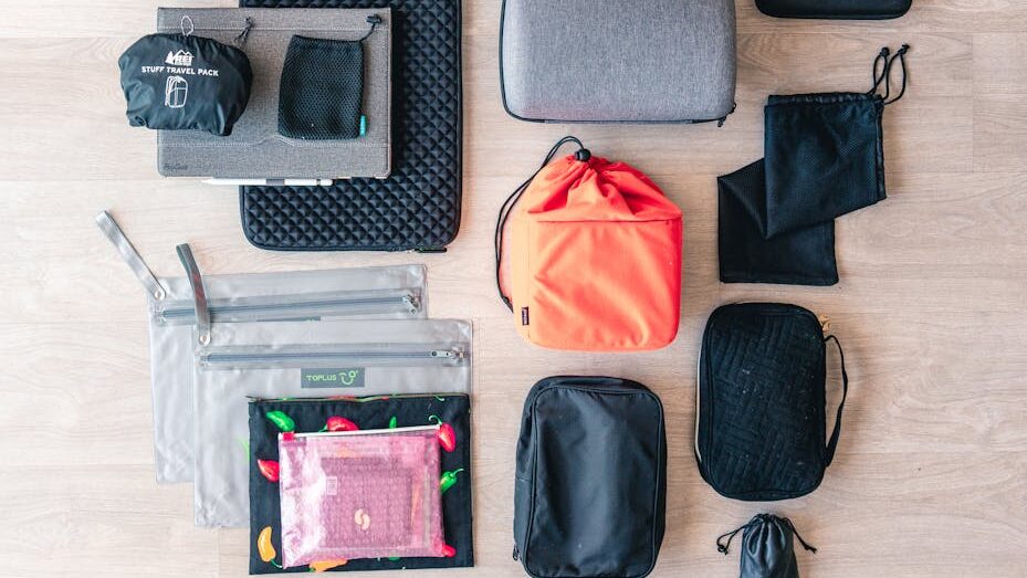 flat lay of pouches and bags