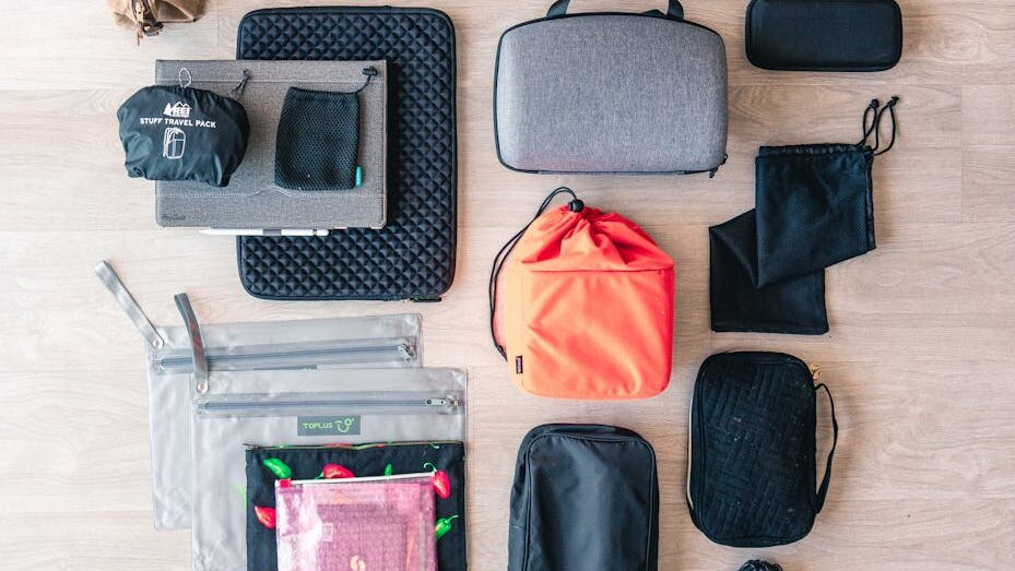 flat lay of pouches and bags